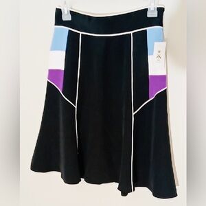 ABAETE Skirt Swing Silk Lycra Lined Blk White Piping Blu Yellow Plum NWT Sz 8
